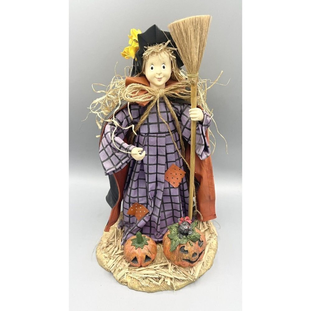 Charming Witch Figure Table Decor 12x8” Halloween Papier-mâché Shelf Straw